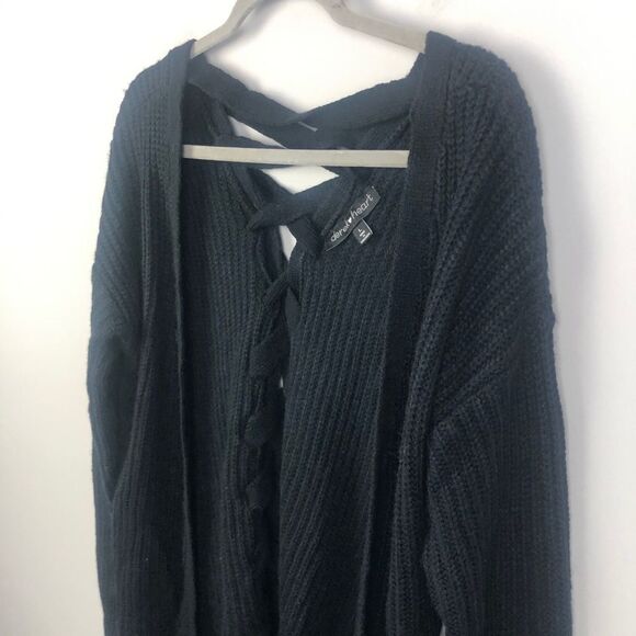 DEREK HEART | Black Lace Up Back Open Cardigan L - Picture 2 of 7